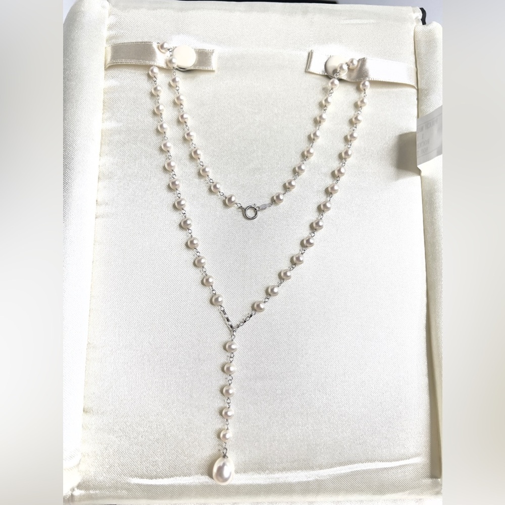14kt. White Gold & Elegant Pearl “Y” 16” Necklace  With Case